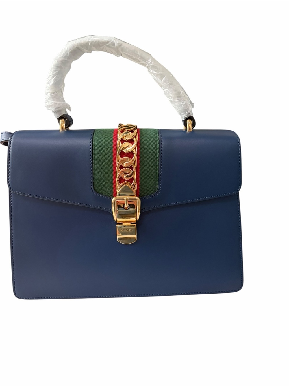Gucci Blue Leather Top Handle Sylvie Satchel and Gold Hardware - Picture 1 of 4